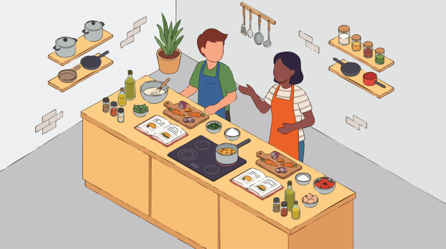 Two Strangers Laughing While Cooking Together
