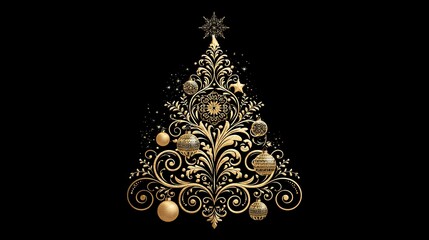 Fototapeta premium Elegant golden christmas tree design featuring intricate filigree patterns and hanging ornaments isolated against a deep solid black background space