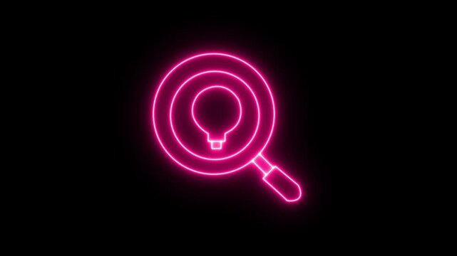 Neon glowing magnifying glass icon with light bulb inside, symbol of searching for ideas, innovation, creativity, and problem solving, isolated on black background.