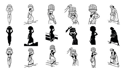 Obraz premium Women Carrying Construction Materials Black and White Outline and Silhouette Vector Icon Collection 