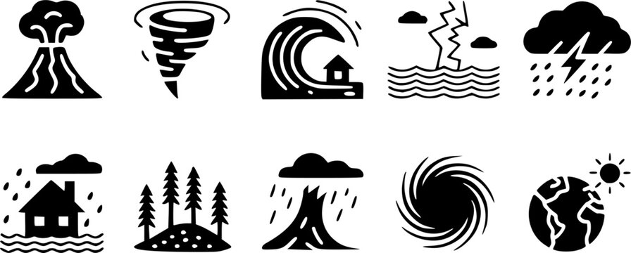 Natural disaster emergency vector icon set featuring solid black silhouettes of environmental catastrophes including volcanic eruption tornado tsunami and thunderstorm isolated on a white background.