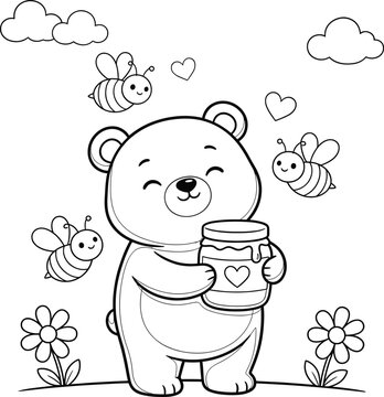 Cute bear holding honey jar with bees and flowers