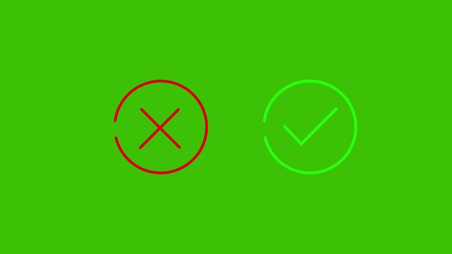 Minimalist animated green checkmark and red cross icons inside circles isolated on white background for correct wrong answer selection and quiz motion graphics.