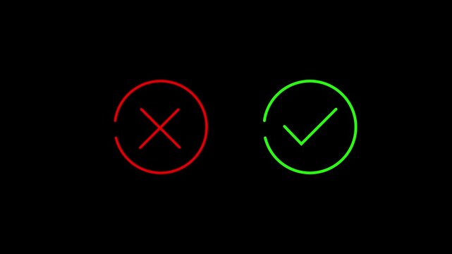 Minimalist animated green checkmark and red cross icons inside circles isolated on white background for correct wrong answer selection and quiz motion graphics.