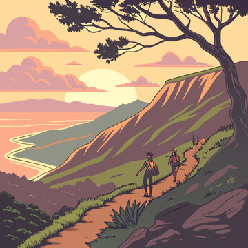Two hikers walking on a trail in a mountainous landscape during sunset with mountain
