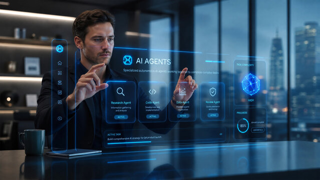 Professional man interacting with futuristic holographic artificial intelligence agents in a modern office environment