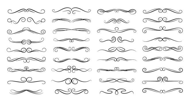 Decorative calligraphic flourishes and page dividers set for elegant typography and document design layout.