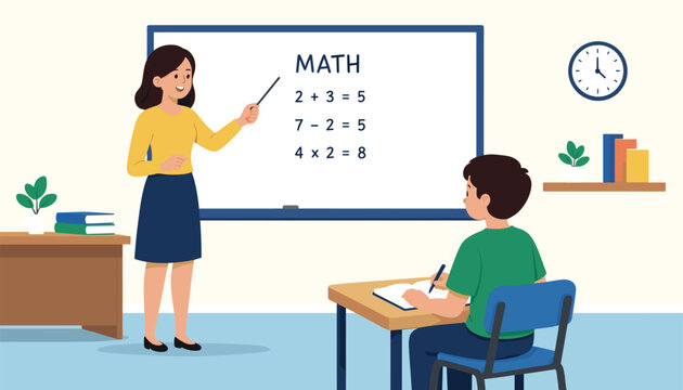 Cartoon teacher and student in classroom with whiteboard and math equations on wall