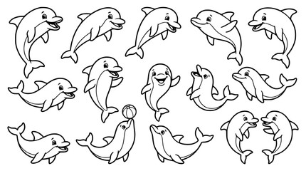 Fototapeta premium Cute dolphin cartoon characters coloring page outline vector collection featuring playful jumping and swimming marine animals with ball illustration