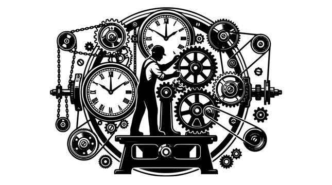 Industrial engineer mechanic working inside complex clockwork system of gears cogs chains and clocks time management concept vector