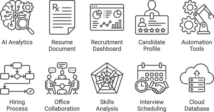 Set of icons for HR and recruitment process, business technology
