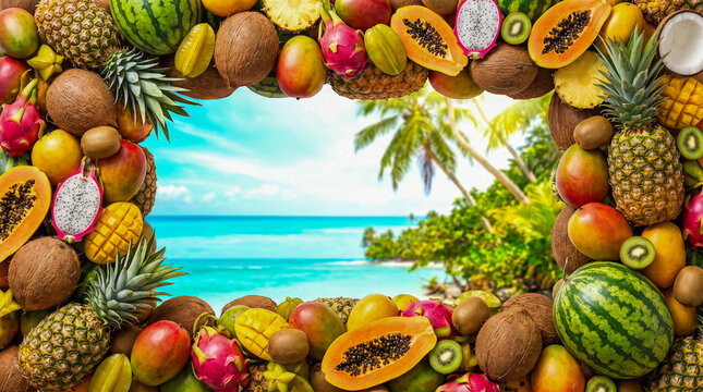 Marco tropical de frutas frescas ideal para campa&ntilde;as de verano.
