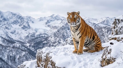 Obraz premium Majestic Siberian Tiger Sitting Proudly on Snowy Mountain Ledge, Vector Illustration of Wild Bengal Tiger in Winter Wilderness Background