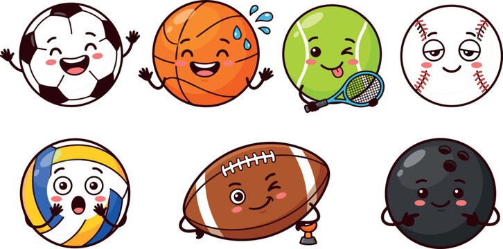 Cute Kawaii Sports Balls Cartoon Character Icon Set with Funny Expressions Including Soccer Basketball Tennis Volleyball Football and Bowling Vector Clipart