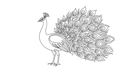 Fototapeta premium Elegant peacock with intricate feather details standing gracefully isolated on transparent background, Vector, illustration one line silhouette vector bird image editable See Less