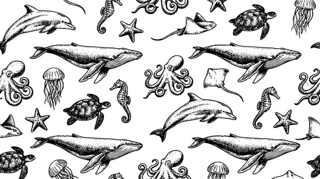 Seamless sea life pattern featuring hand drawn vintage style sketch vectors of whales dolphins octopuses turtles and marine animals background