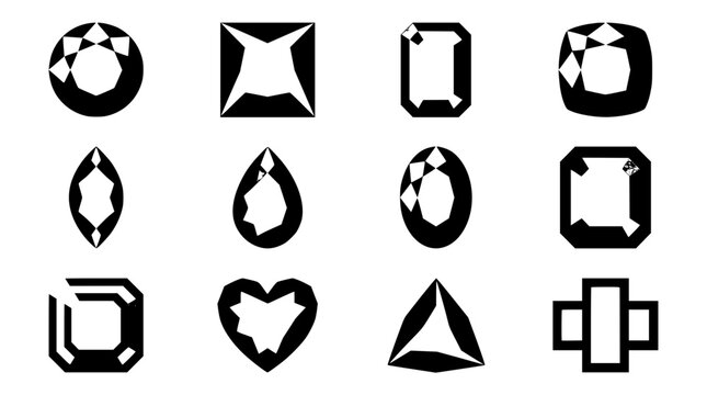 Diamond and gemstone shapes vector collection featuring black silhouette icons of different jewelry cuts heart round oval triangle and crystal silhouettes