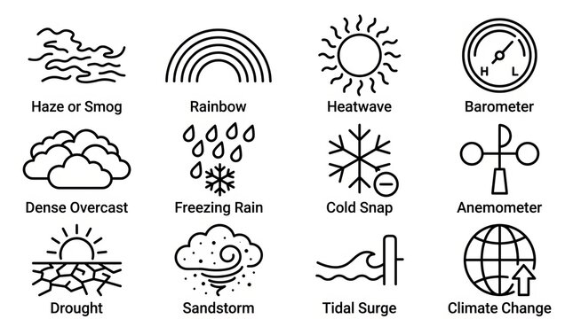 Collection of sixteen weather and natural disaster icons in black and white line art style.