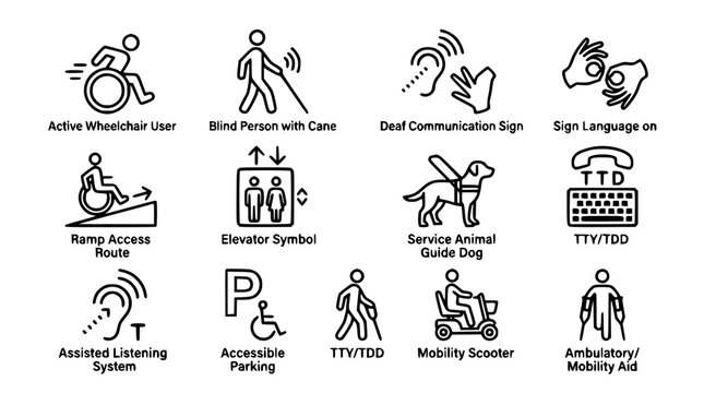 Accessibility and disability inclusion line icons set featuring wheelchair user blind person guide dog sign language and mobility aid symbols