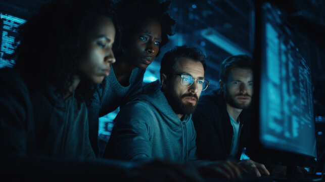 Diverse team of software engineers working together on a complex computer project in a dark modern office with glowing blue light reflecting on their faces as they analyze data on a screen