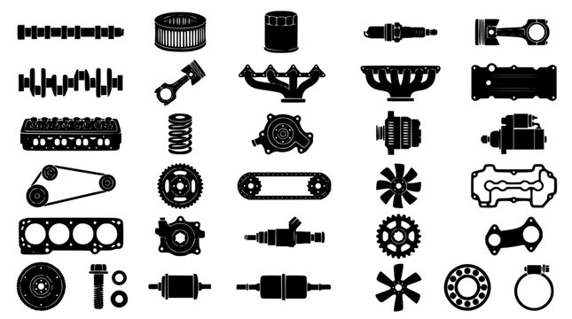 Car engine parts collection featuring black silhouette vectors of piston crankshaft spark plug timing belt alternator gasket and mechanical component icons