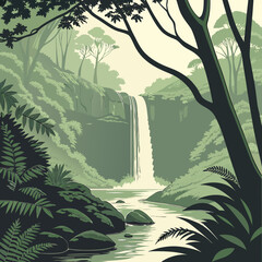 Lush green forest with a waterfall and a stream waterfall vegetation landscape © Sakib