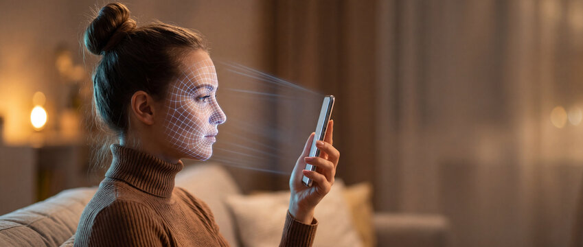 Woman using smartphone for facial recognition scan at home, technology for security and identification, soft ambient lighting. facial recognition, biometric, security, technology, smartphone