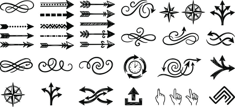 Set of black and white hand-drawn decorative arrows, ornate swirls, navigation compass icons, and UI pointer elements for design projects.