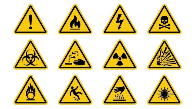 Collection of Yellow Warning and Hazard Signs with Various Symbols.