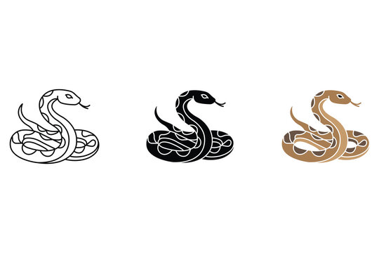 Snake vector icon set with outline silhouette and brown color versions for nature design.