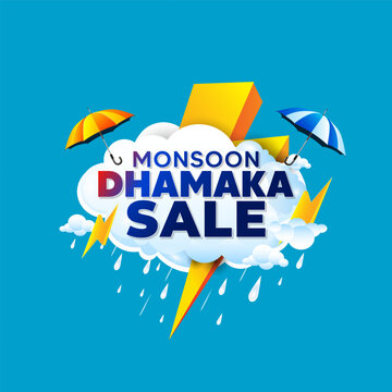 Logo for Monsoon Dhamaka Sale with a rainy cloud background.