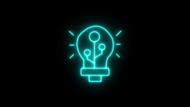Neon light bulb icon, symbol of digital technology in bright neon colors on black background, concept of creative innovation and artificial intelligence.