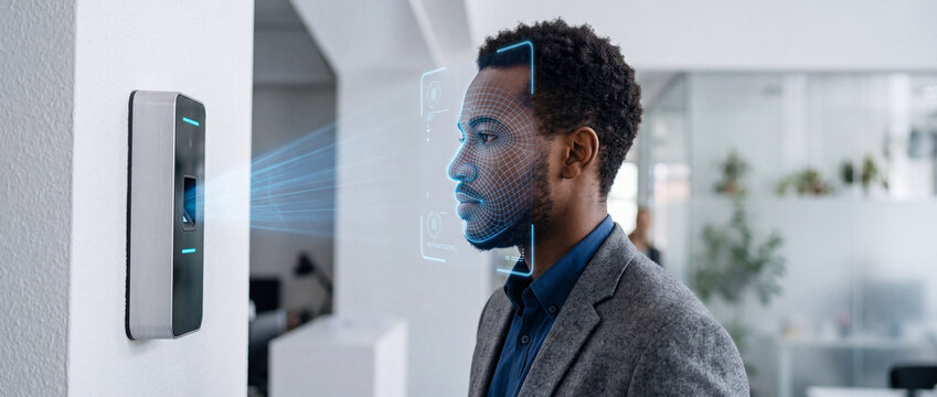 Man's face scanned by biometric security system with facial recognition technology in a modern office, highlighting access control and identification. biometric, security, facial recognition, access