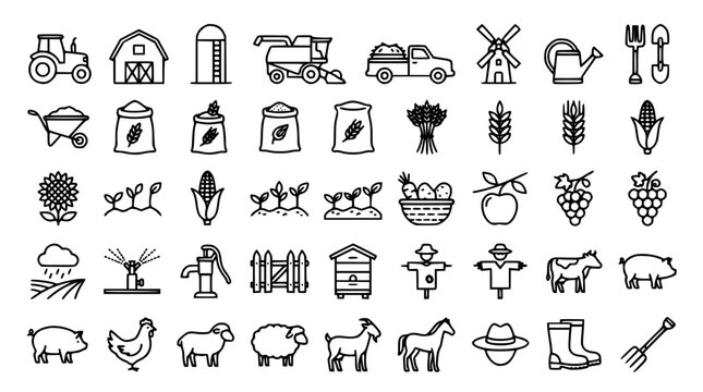 Agriculture and organic farming thin line icon set featuring tractor barn livestock crops machinery tools and countryside harvest symbols