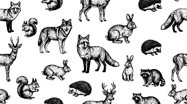 Hand drawn forest animals seamless pattern vector illustration featuring vintage sketch style deer fox wolf rabbit squirrel and hedgehog forest wildlife