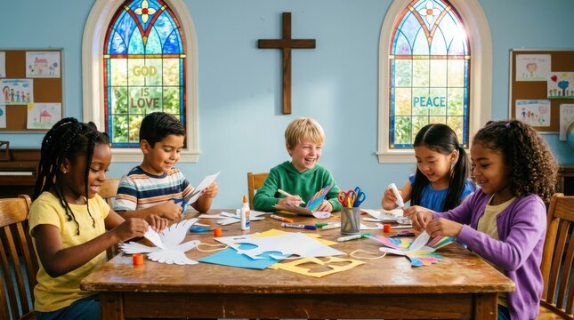 Children crafting in a classroom with a cross on the wall