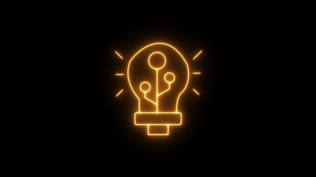 Neon light bulb icon, symbol of digital technology in bright neon colors on black background, concept of creative innovation and artificial intelligence.
