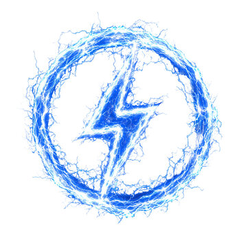 Electric blue lightning bolt symbol surrounded by energetic sparks in a circular illustration