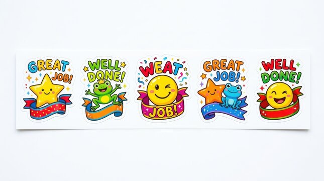 Colorful stickers with smiley faces and motivational words on white background