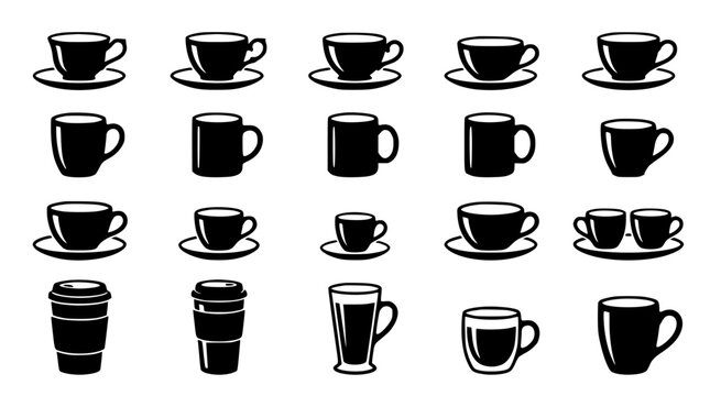Coffee cup and tea mug black silhouette icon set featuring espresso saucers ceramic mugs and takeaway travel tumblers vector
