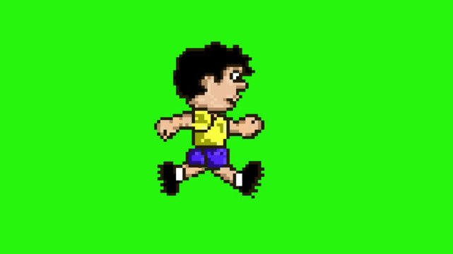 Pixel art animation featuring a soccer player in a yellow shirt running against a green background; soccer, team, art, vintage.