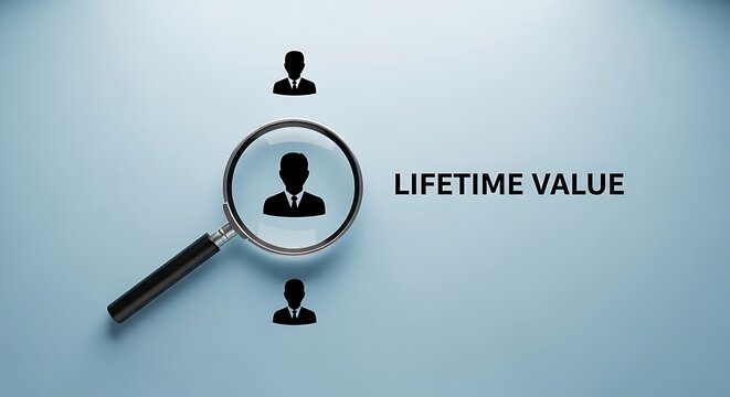 Customer Lifetime Value concept with magnifying glass, business marketing strategy for client retention, magnifying glass focusing on person icon