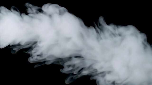 Dense white smoke trail billowing horizontally across black background with cinematic motion and realistic gaseous textures.