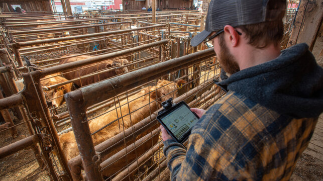 Young farmer using a digital tablet to check cattle inside a large wooden barn at a livestock farm