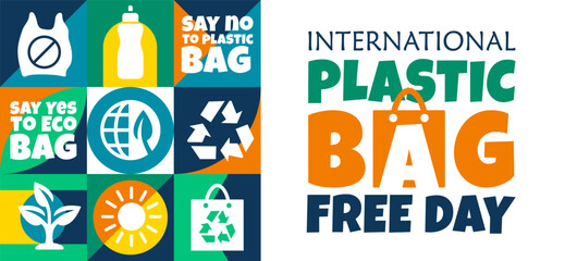 Fototapeta premium International Plastic Bag Free Day banner vector template with eco recycling grid pattern flat icons and bold environmental typography on white background