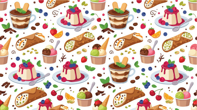 Seamless pattern with various delicious Italian desserts including cannoli tiramisu panna cotta and gelato.