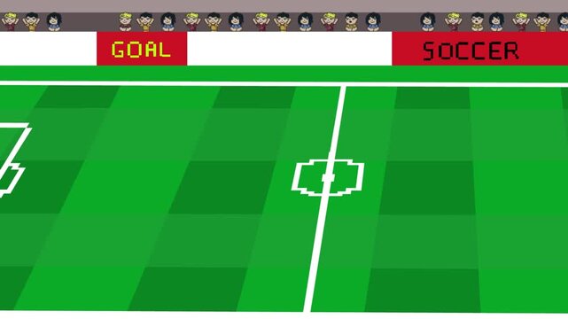 Pixel art animation of a soccer field with a stadium and crowd scrolling by, ball, team, art, vintage.