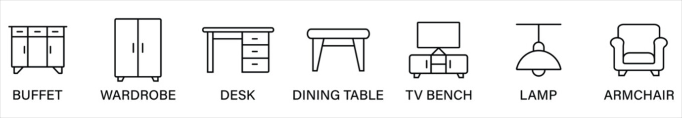 Furniture and home interior thin line web icon set. Editable line icons. Furniture line icon set with sofa lamp table and cabinet. Vector illustration © BLACK Studio