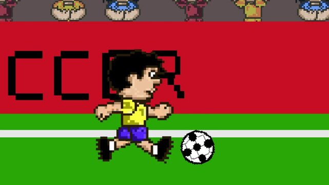Pixel art animation of a soccer video game featuring a player running with the ball on the field, team, vintage.