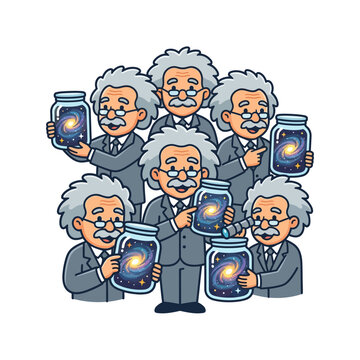 Multiple cartoon Albert Einsteins hold glowing jars in a creative illustration